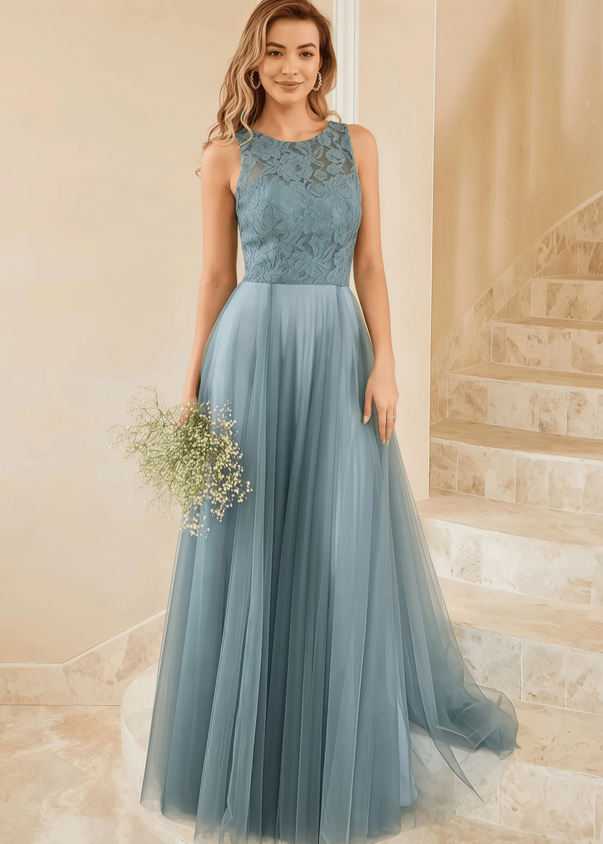 Tiffany | A Line Lace Embroider Grey Blue Tulle Maxi Bridesmaid Dress - Grey Blue - PROMDRESS Club