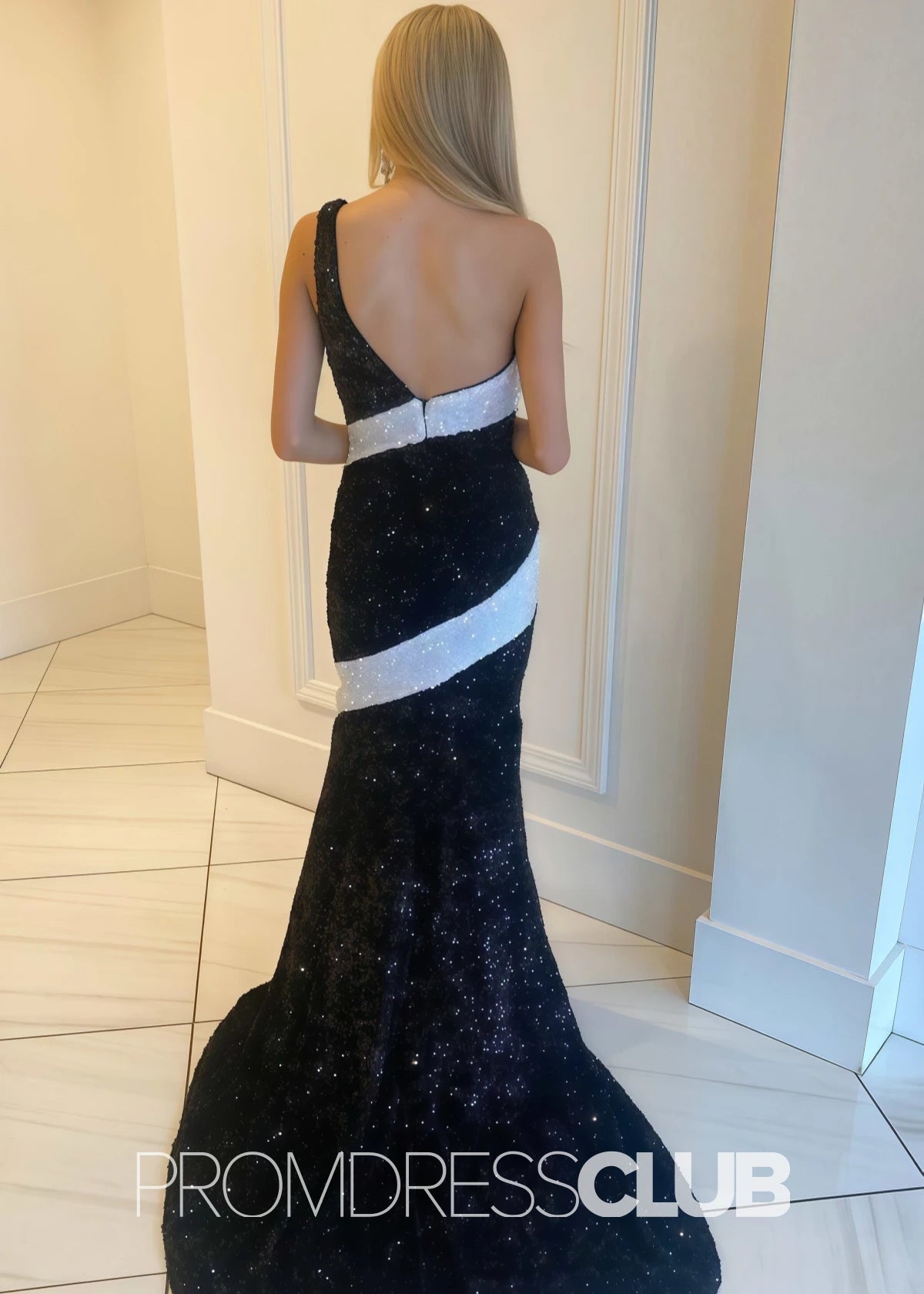 Truda |Black and White Prom Dress Long Mermaid With Sequin One - Shoulder - Black White - PromDressClub