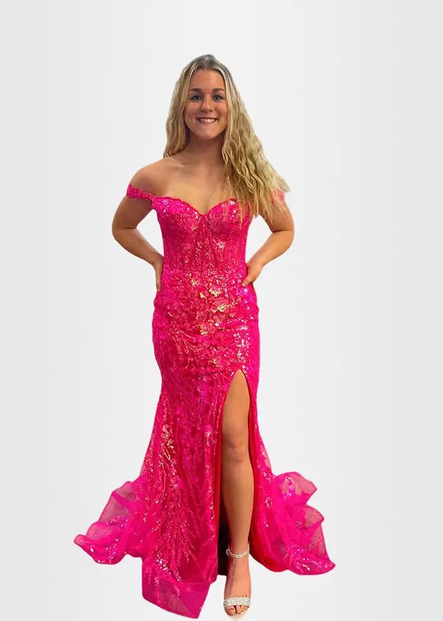 Hilary |Trumpet/Mermaid Off the Shoulder Fuchsia Sequins Long Slit Prom Dress with Corset - Fuchsia - US0 - PromDressClub