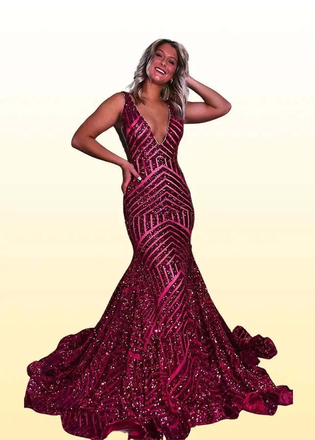 Hilda |Trumpet/Mermaid Royal Blue V - Neck Sweep Train Sequin Long Prom Dress With Sequins - Burgundy - US0 - PromDressClub