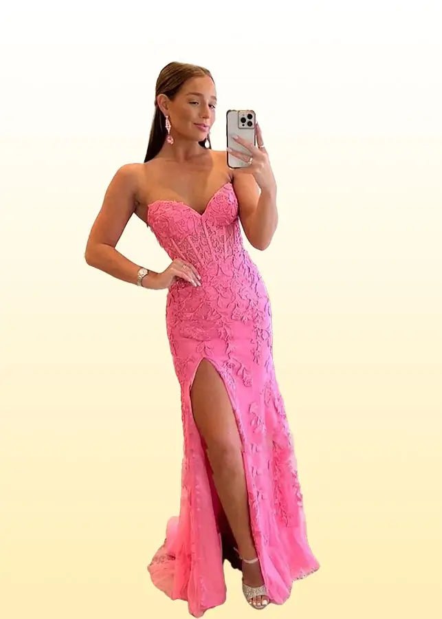 Frederica |Trumpet/Mermaid Strapless Royal Blue Lace Corset Long Prom Dress with Slit - Hot Pink - US0 - PromDressClub