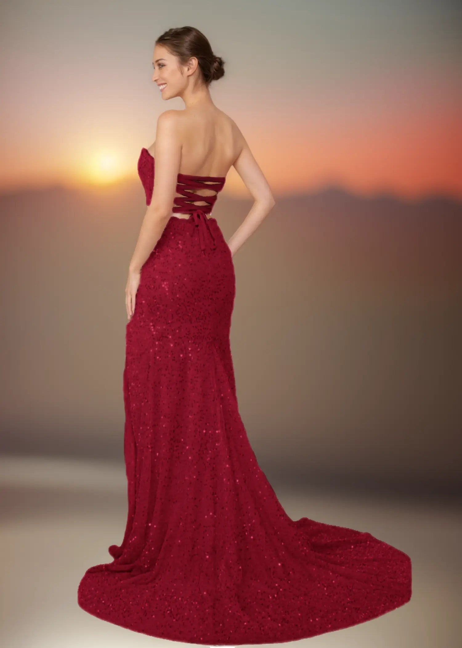 Wallis |Trumpet/Mermaid Sweetheart Neckline Lace - up Back Front Slit Long Pink Prom Dress With Sequins - Burgundy - US0 - PromDressClub