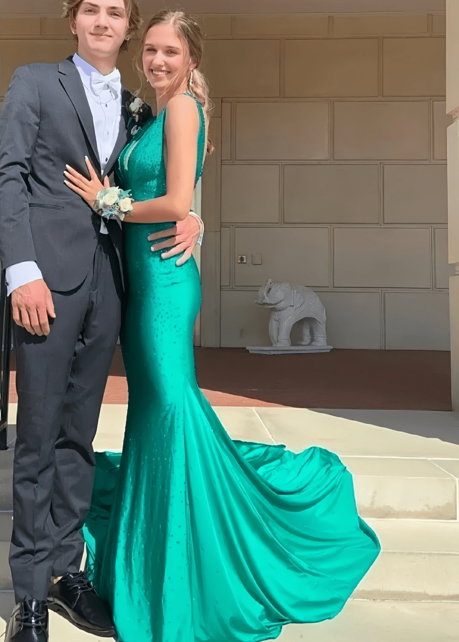 Jessica |Trumpet/Mermaid V - neck Jersey Sweep Train Royal Blue Long Prom Dresses With Crystal Detailing - Dark Green - US0 - PromDressClub