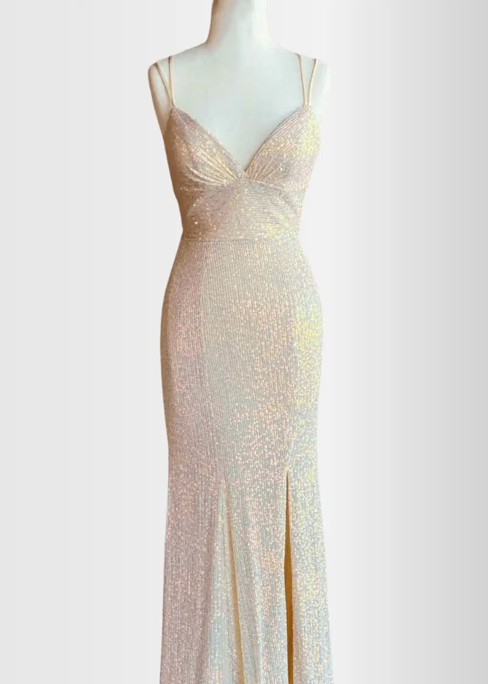 Elvira |Trumpet/Mermaid V - Neck Spaghetti Straps Ivory Sequins Long Prom Dress with Split Front - Champagne - US0 - PromDressClub