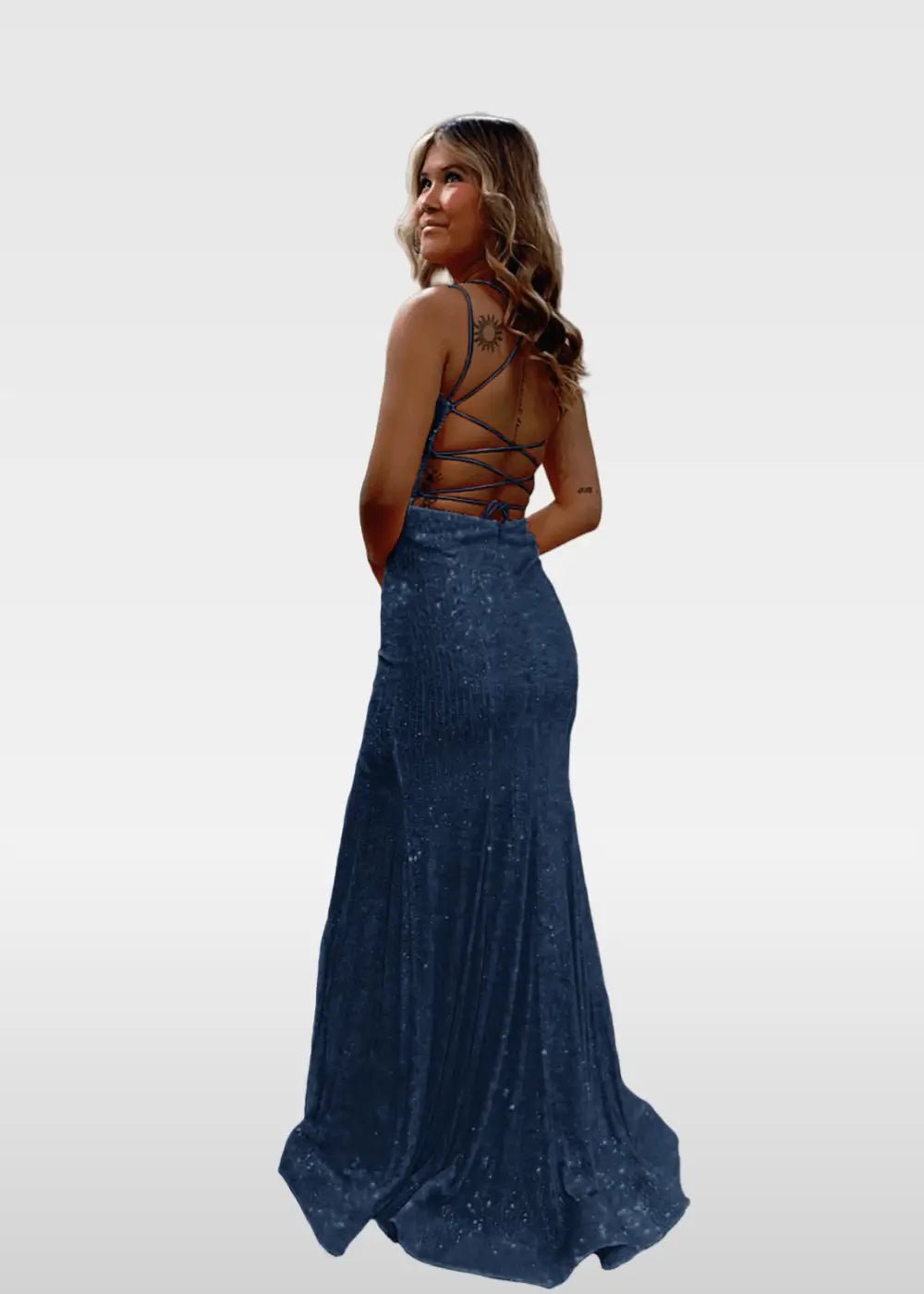 Elvira |Trumpet/Mermaid V - Neck Spaghetti Straps Ivory Sequins Long Prom Dress with Split Front - Navy Blue - US0 - PromDressClub