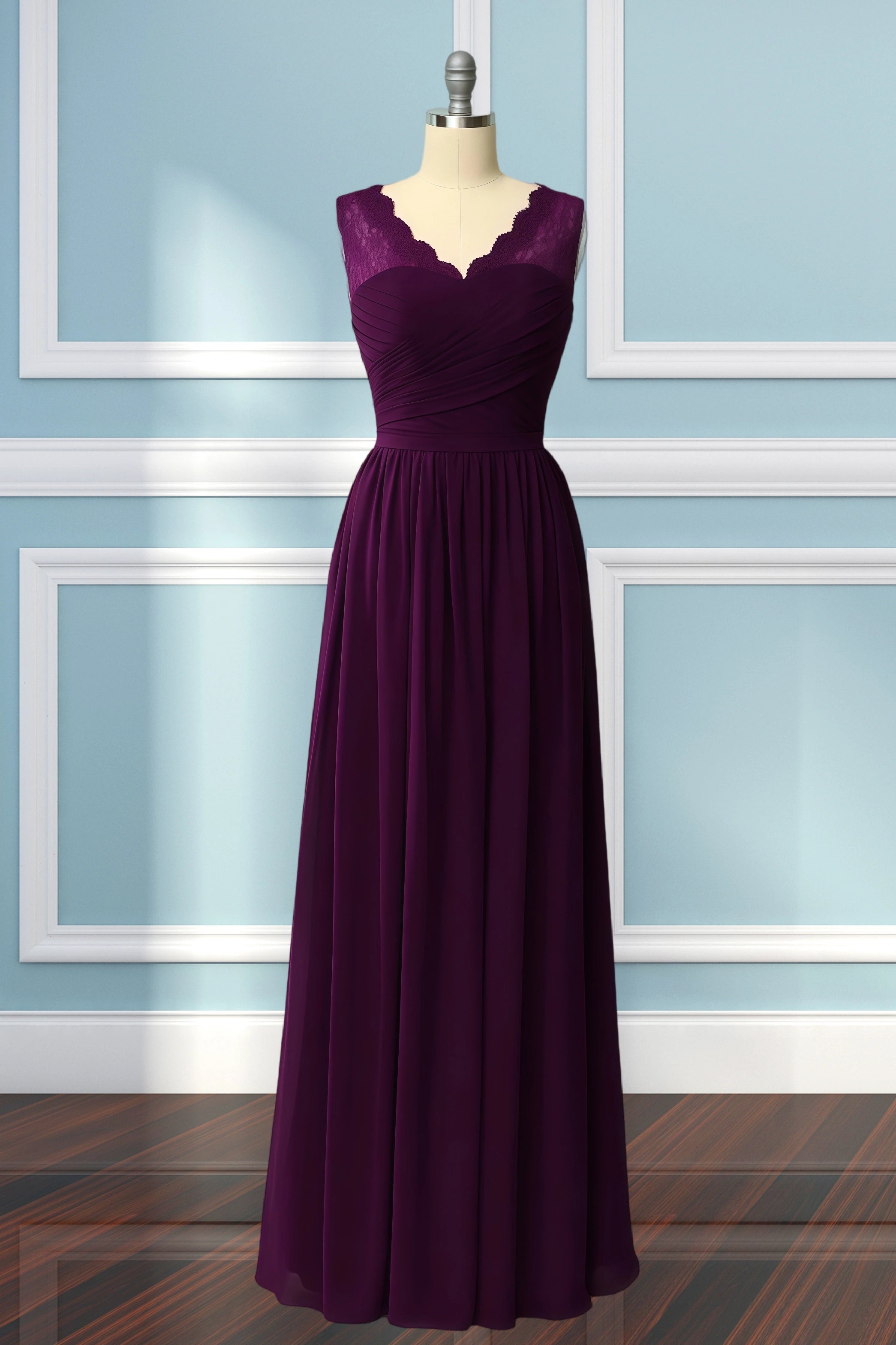 Ula | A Line Corset Lace Embroidered White Chiffon Long Bridesmaid Dress - Dark Purple - PROMDRESS Club