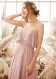 Ursula | A Line Strapless Blush Chiffon Maxi Bridesmaid Dress - Blush - PROMDRESS Club