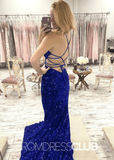 Vanessa |Dress for Prom Black Long Mermaid With Sequin Lace - Up Back Slit - Royal Blue - PromDressClub