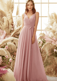 Vera | A Line Blush Chiffon Corset Long Bridesmaid Dress - Blush - PROMDRESS Club