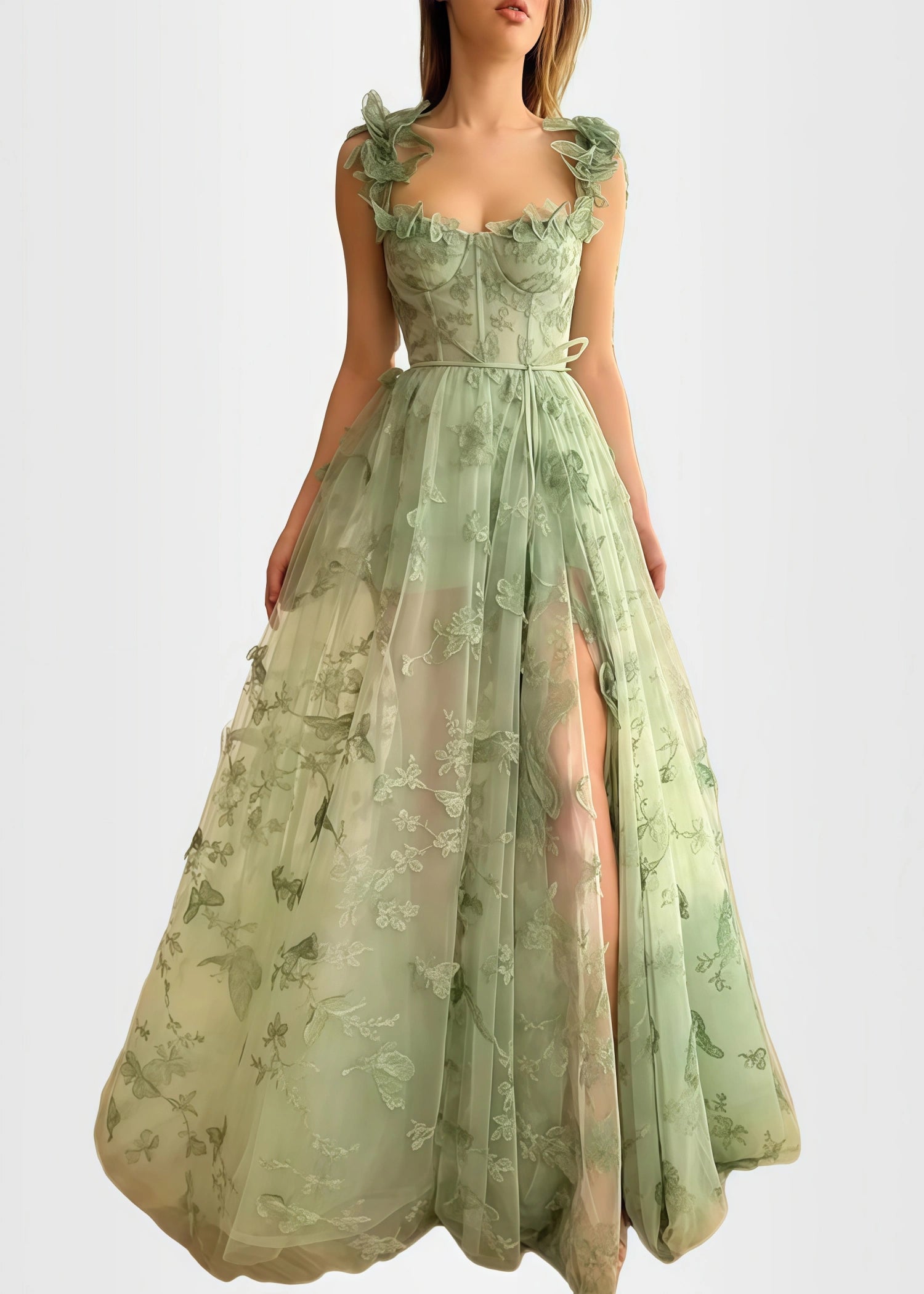 Verna |A - line Lace Lilac Green Slit Corset Prom Dress with 3D Butterfly - Green - US0 - PromDressClub