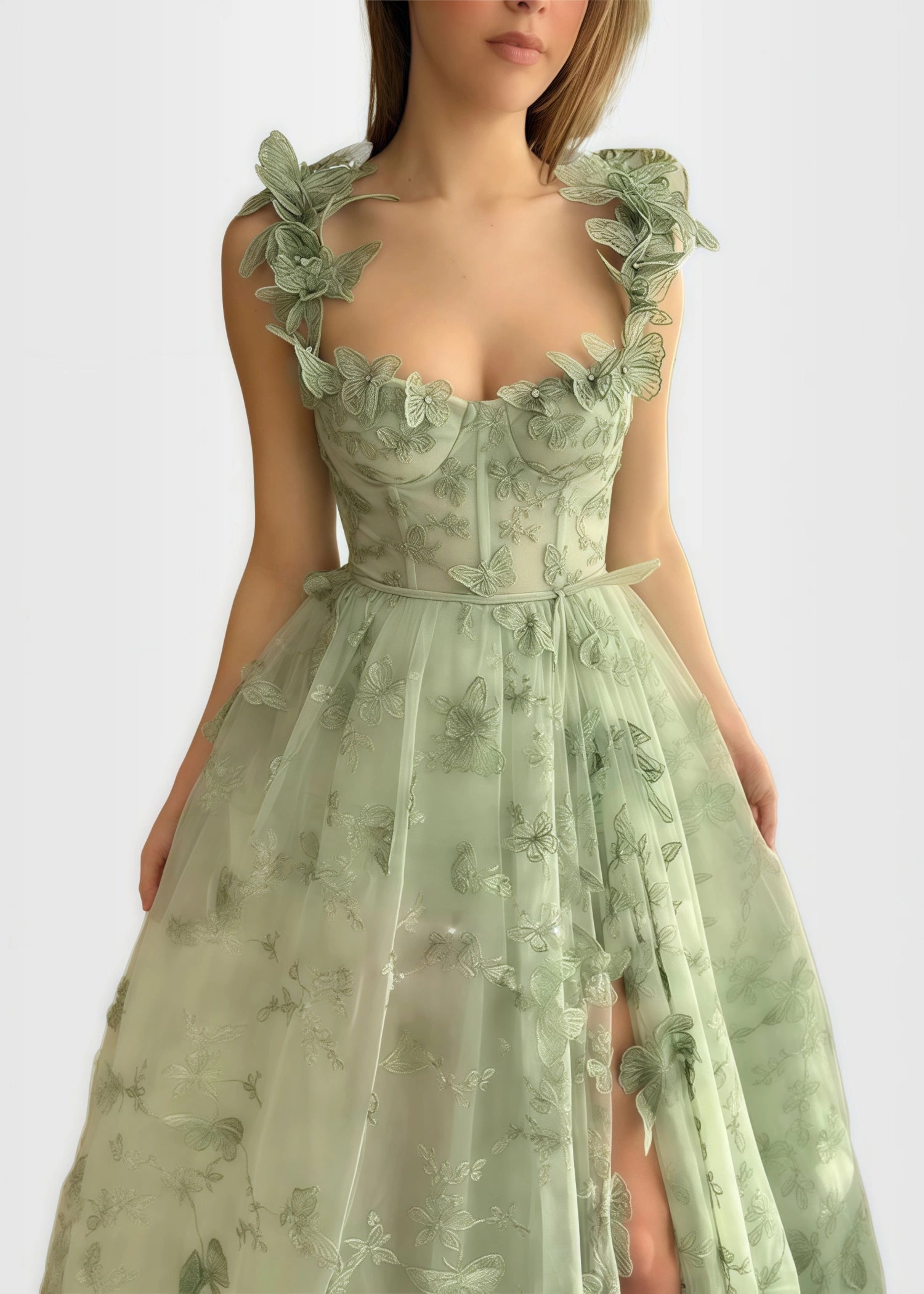 Verna |A - line Lace Lilac Green Slit Corset Prom Dress with 3D Butterfly - Green - US0 - PromDressClub