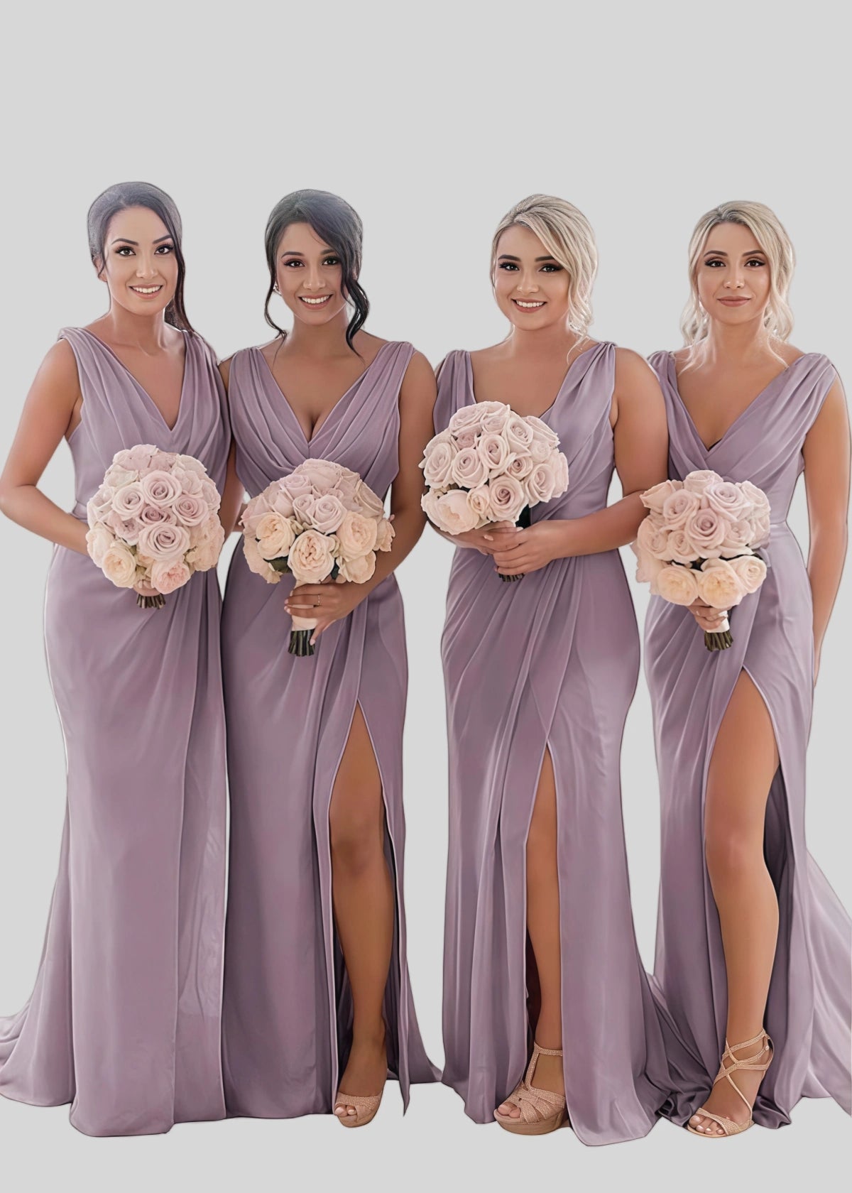 Veronica | Refinement Sheath Ivory Chiffon Maxi Bridesmaid Dress with Slit and Ruched - Lavender - PROMDRESS Club