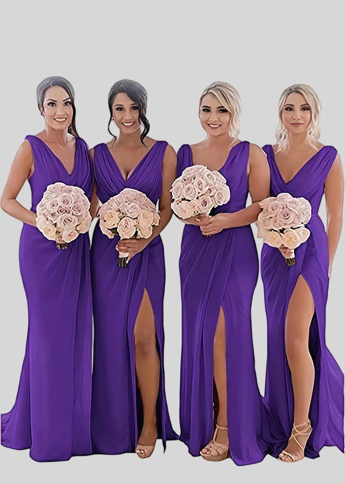 Veronica | Refinement Sheath Ivory Chiffon Maxi Bridesmaid Dress with Slit and Ruched - Purple - PROMDRESS Club