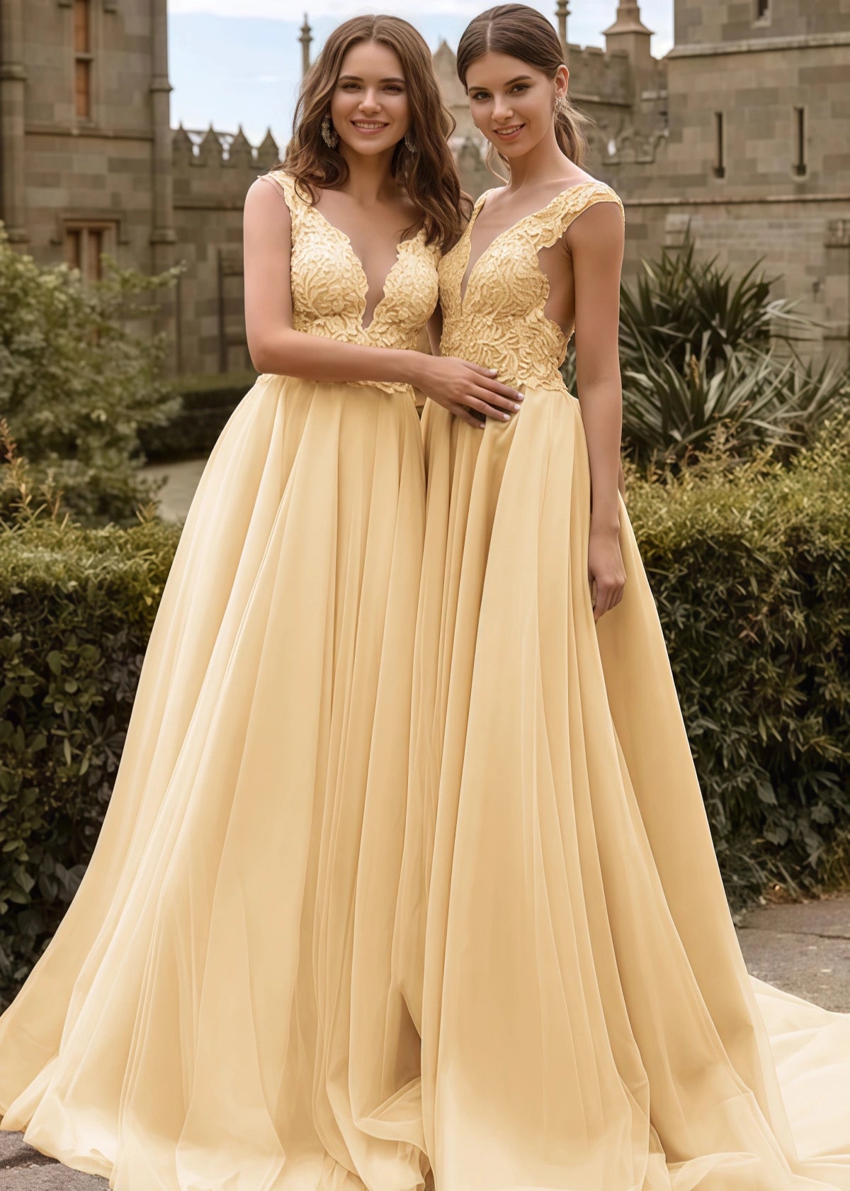 Vivien | A Line Lace Embroidered Light Pink Tulle Maxi Bridesmaid Dress with V - Neck - Yellow - PROMDRESS Club