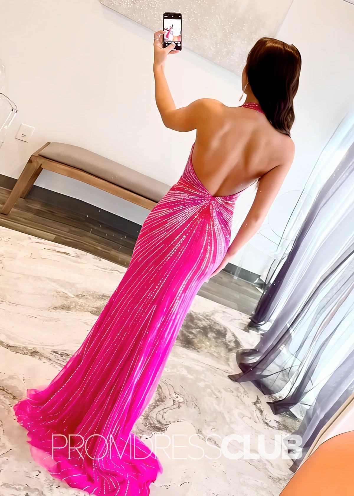 Wendy |Fuchsia Prom Dresses Long Mermaid Halter Beaded With Split - Fuchsia - PromDressClub