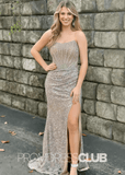 Winni |Champagne Color Prom Dress Long Mermaid Sequin Beaded Strapless with Slit - Champagne - PromDressClub