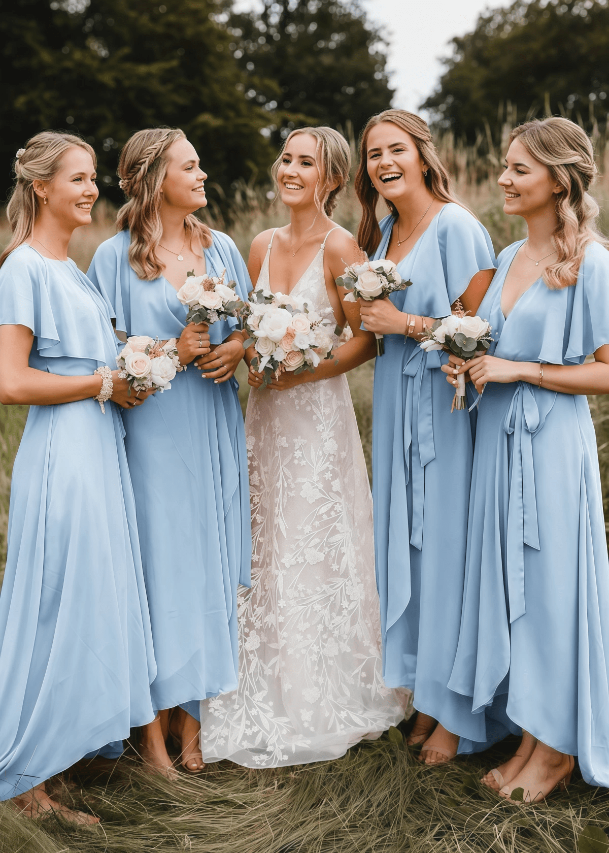 Xanthe | Chic A Line Peach Chiffon Maxi Bridesmaid Dress with V - Neck and Short Sleeve - Light Blue - PROMDRESS Club