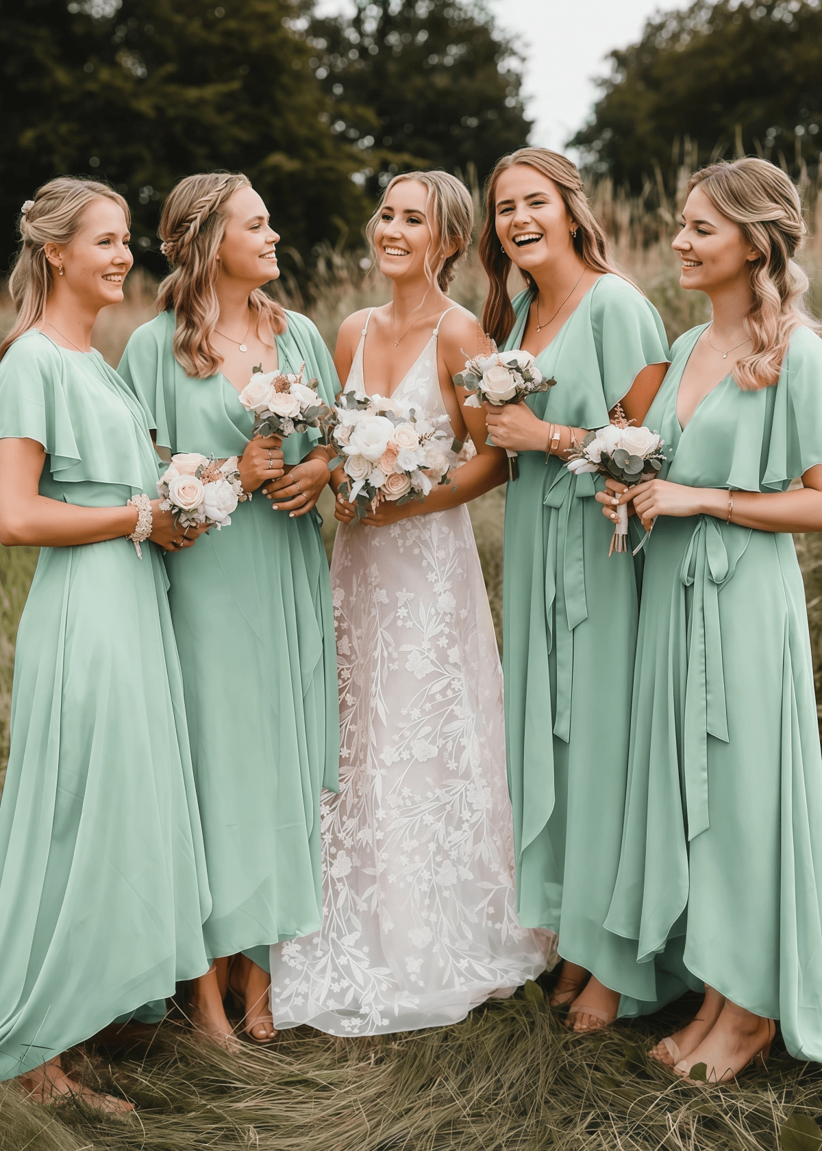 Xanthe | Chic A Line Peach Chiffon Maxi Bridesmaid Dress with V - Neck and Short Sleeve - Sage - PROMDRESS Club