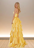 Yellow Satin Strapless Beaded Ruffle Formal Dress with Slit - Yellow - PromDressClub