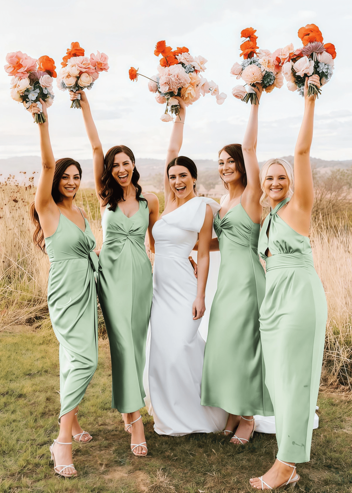 Yetta | Fashion Pleated Grey Blue Halter Satin Long Bridesmaid Dresses with Slit A Line - Sage - PROMDRESS Club