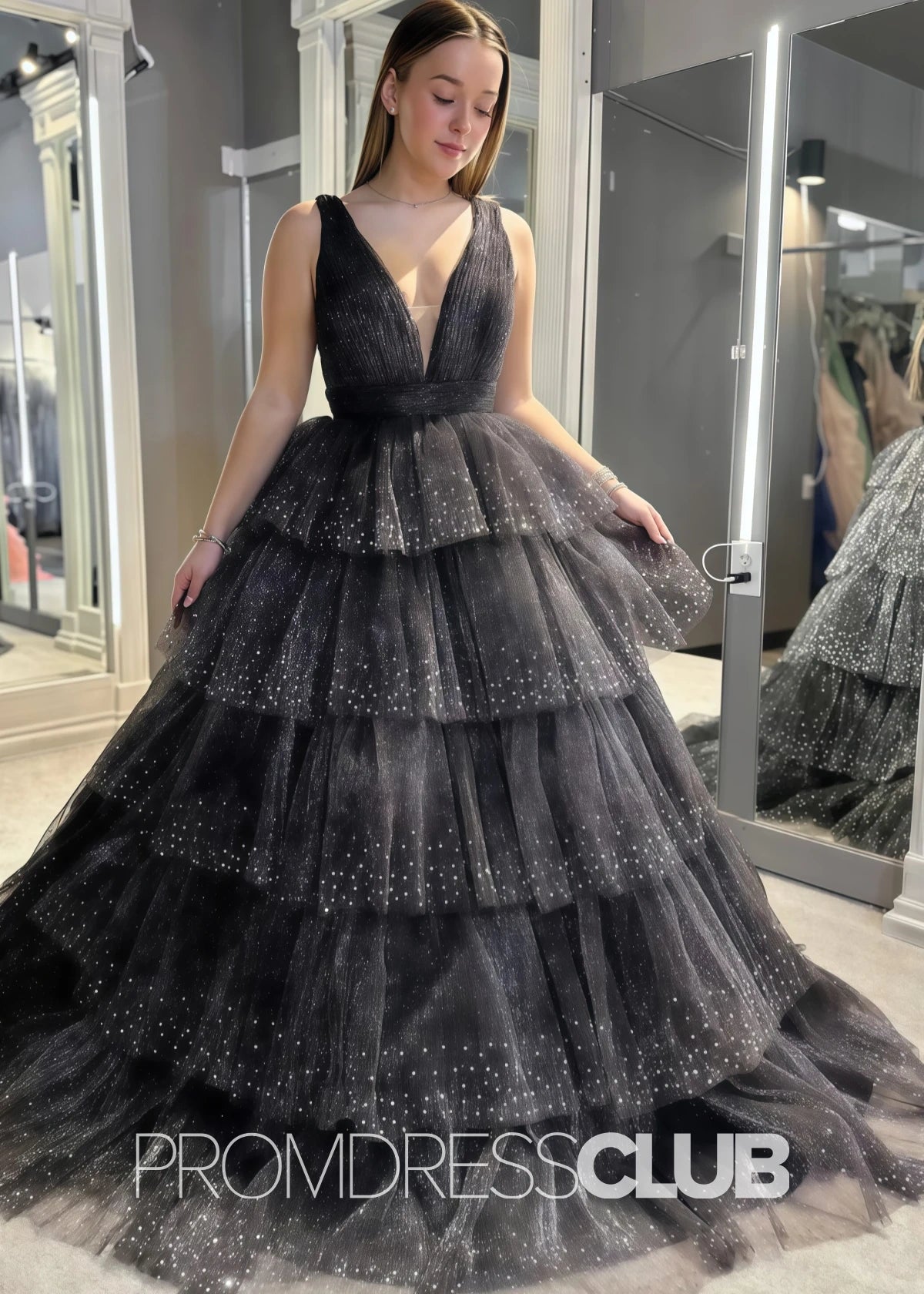 Zara |Dress for Prom Black Long A Line Tulle Sequin V - Neck Ruffle Tiered - Black - PromDressClub