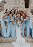 Zenobia | Chic Sheath Light Blue Chifon Maxi Bridesmaid Dress with Slit and One Shoulder - Light Blue - PROMDRESS Club