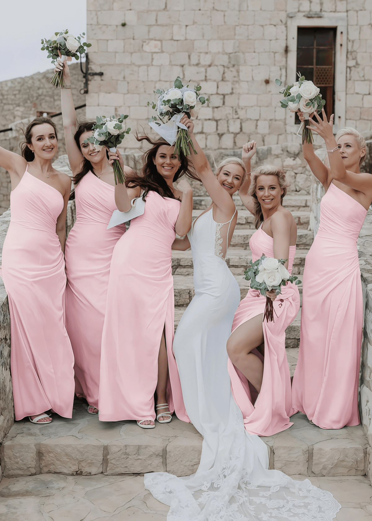 Zenobia | Chic Sheath Light Blue Chifon Maxi Bridesmaid Dress with Slit and One Shoulder - Light Pink - PROMDRESS Club